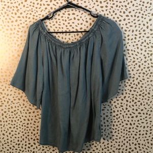 Off the shoulder blue shirt